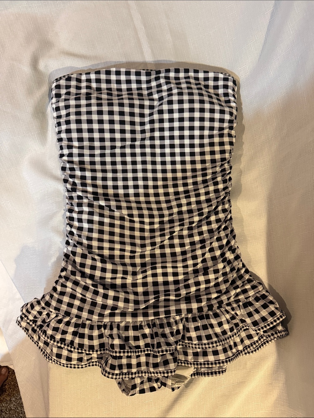 Strapless Black & White Gingham Ruffle One-Piece Swimsuit